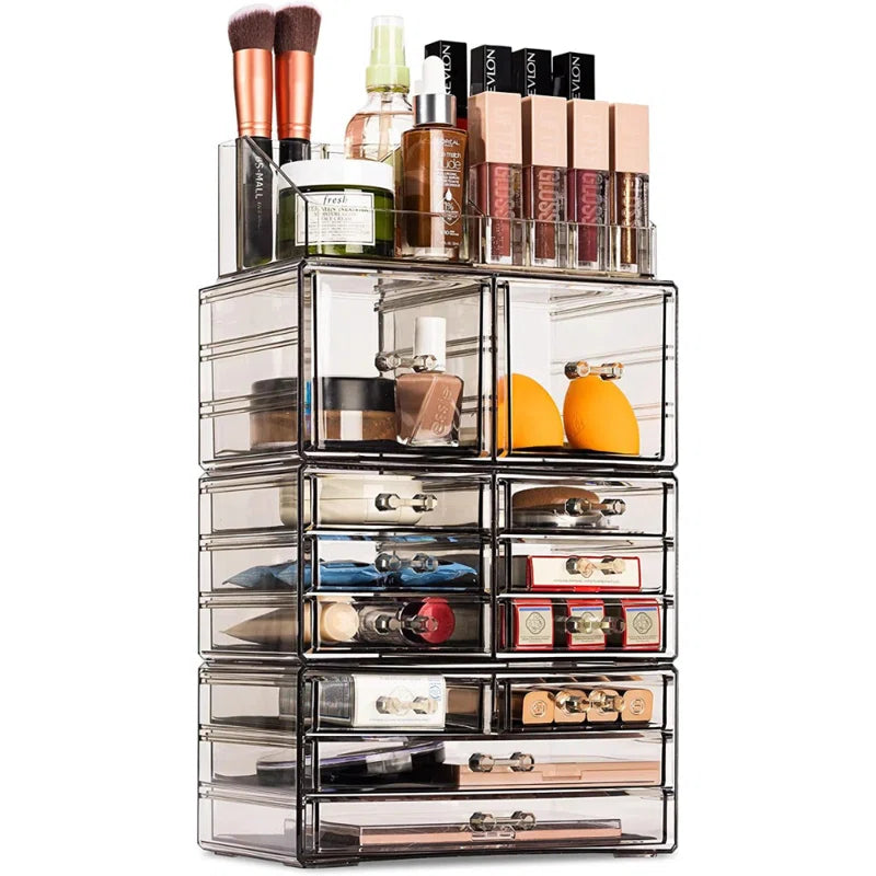 12 Drawer 4-Piece Makeup and Jewelry Organizer Case and Top Shelf