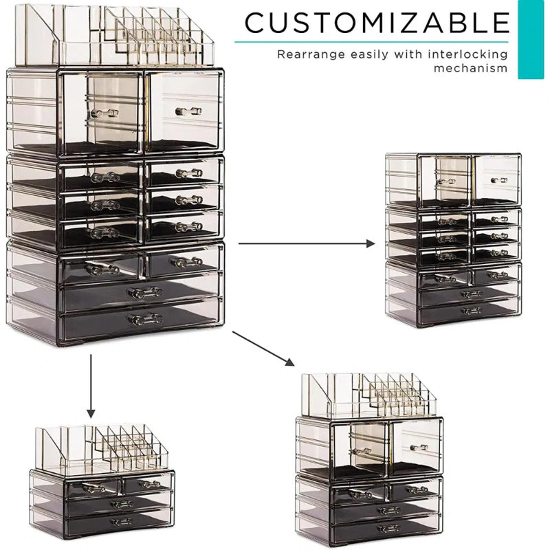 12 Drawer 4-Piece Makeup and Jewelry Organizer Case and Top Shelf