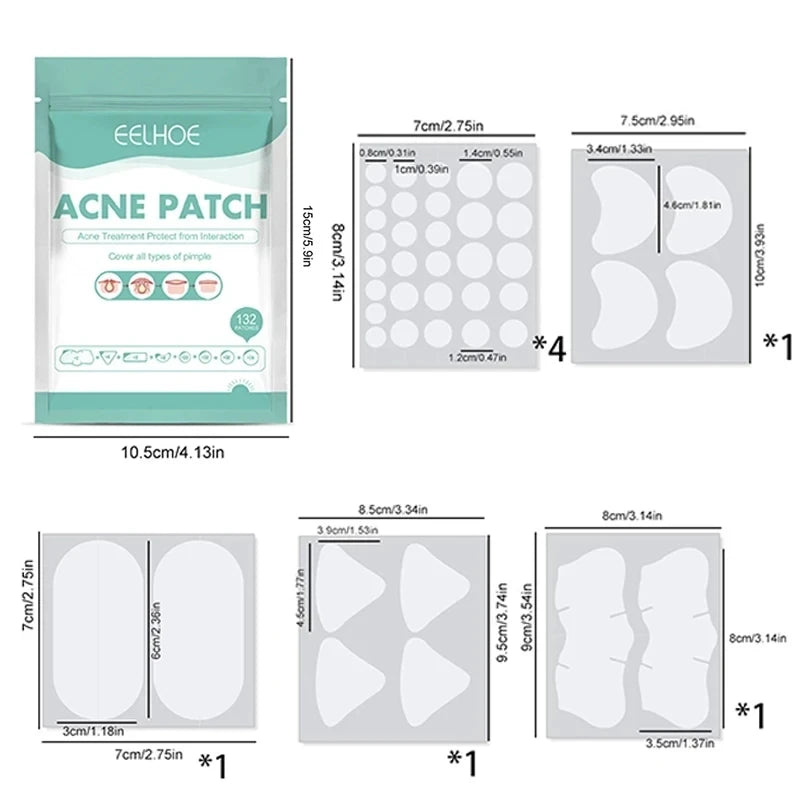 132 Pcs Hydrocolloid Acne Pimple Patches — Invisible Spot Stickers for Face