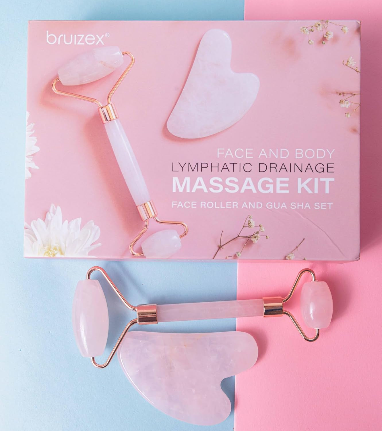 Rose Quartz Face Roller & Gua Sha Set — Lymphatic Drainage & Facial Massage