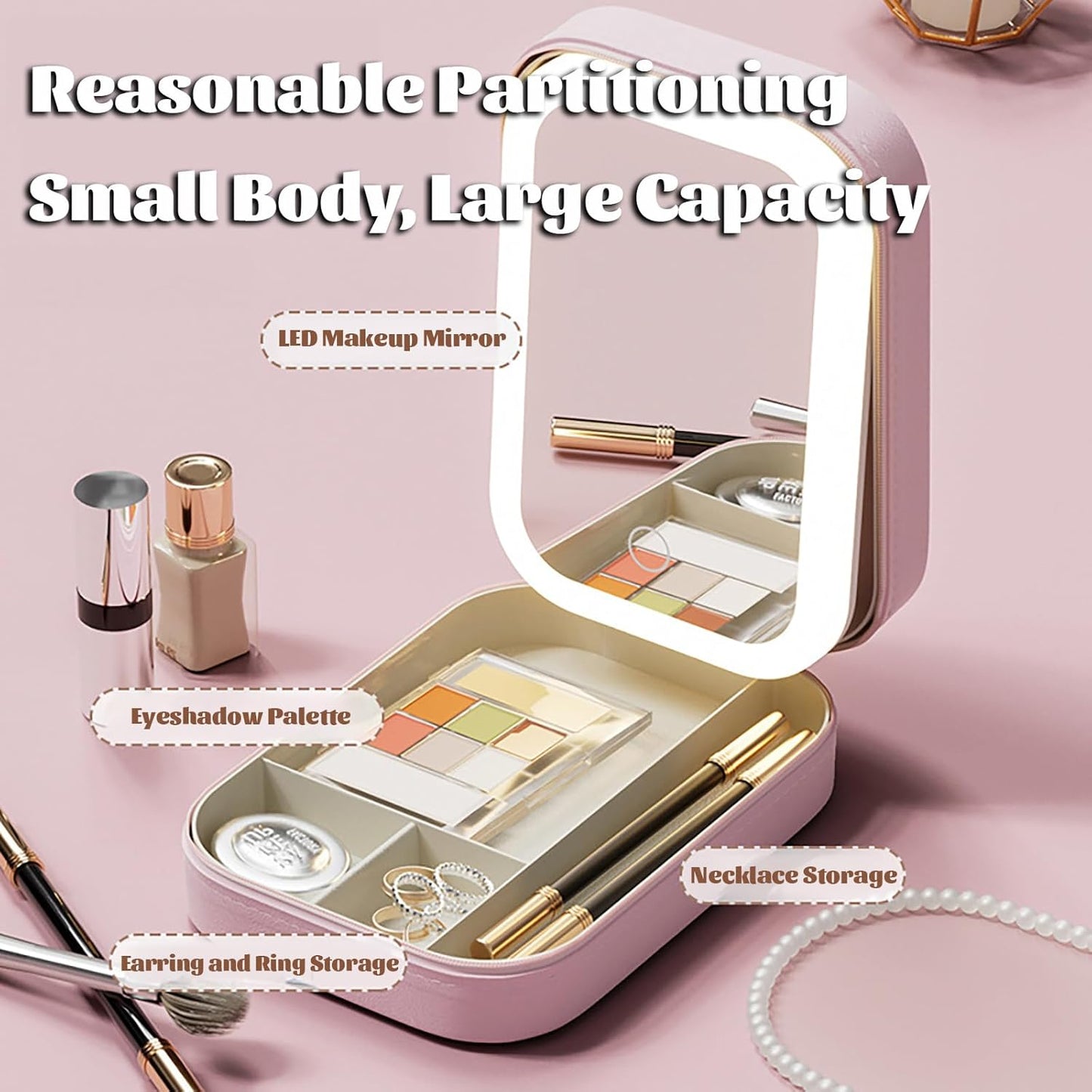 Travel Makeup Case with Led Mirror, Portable Makeup Box with Light, Gift for Women (Green)