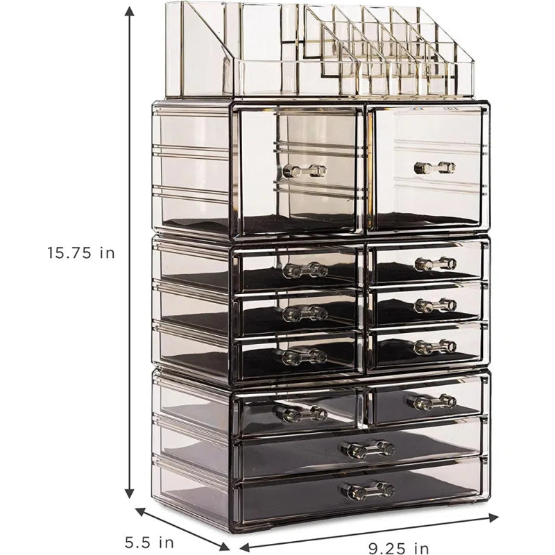 12 Drawer 4-Piece Makeup and Jewelry Organizer Case and Top Shelf