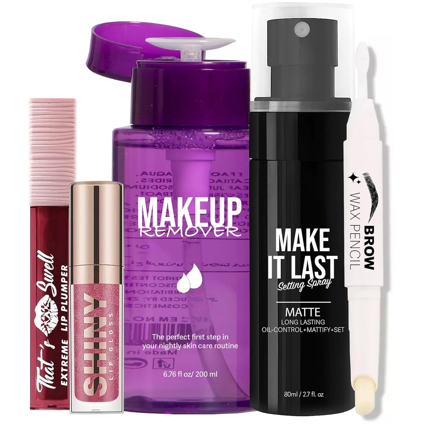 Makeup Essentials Makeup Remover, Make It Last Setting Spray, Brow Wax Lamination Pencil, Plumping Lipglosses