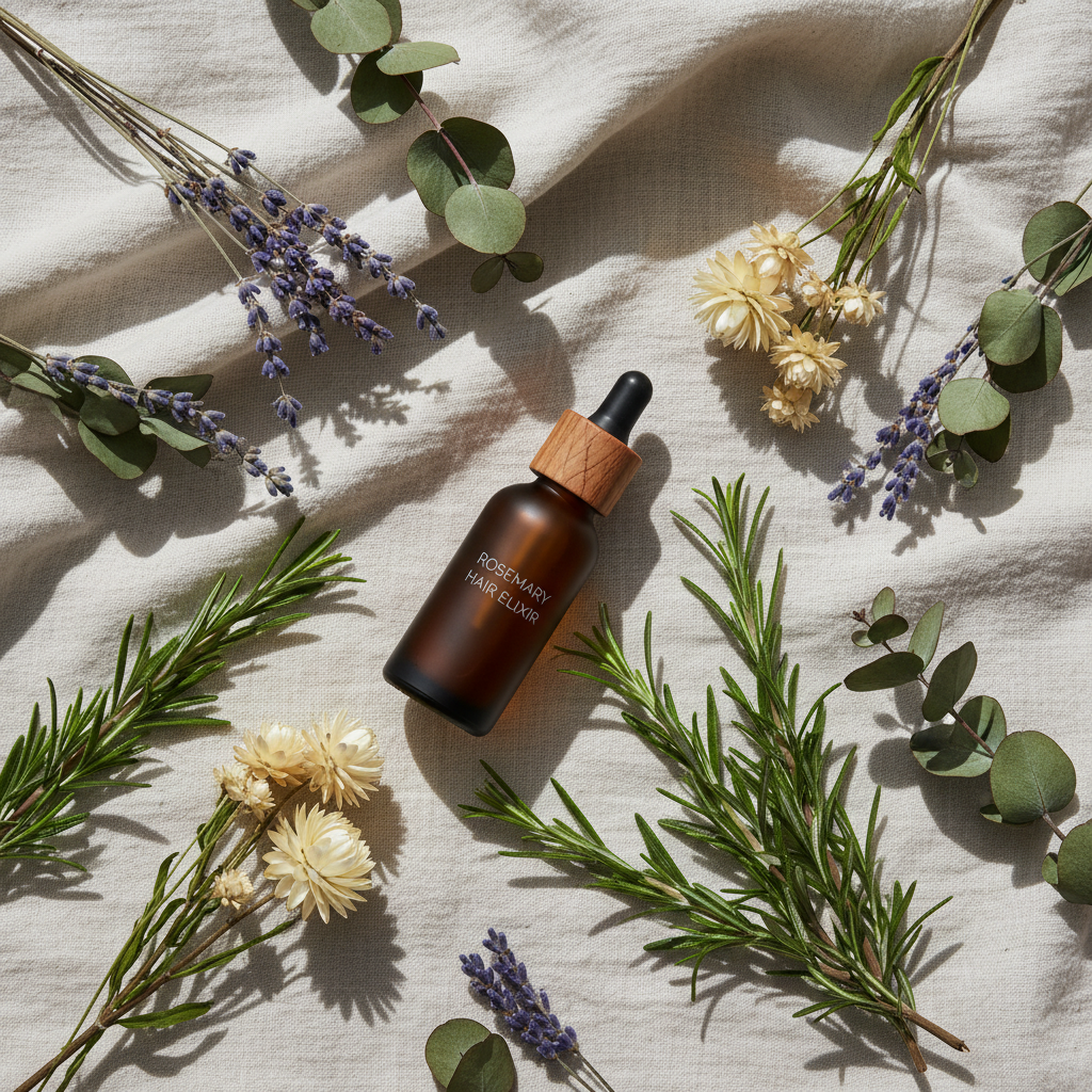 Rosemary Hair Oil flat lay with botanicals
