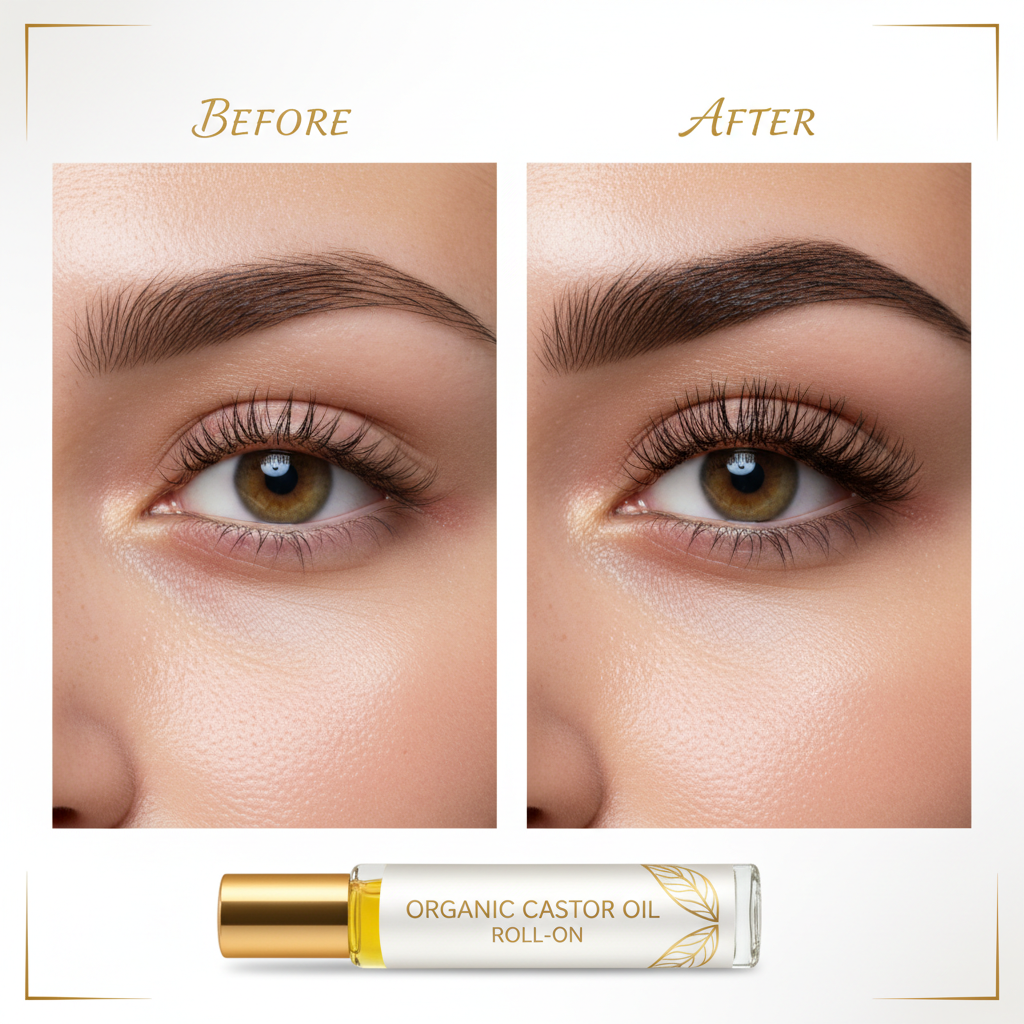 Before and after using Zynerae Organic Castor Oil Roll-On showing thicker brows, longer lashes and glowing skin