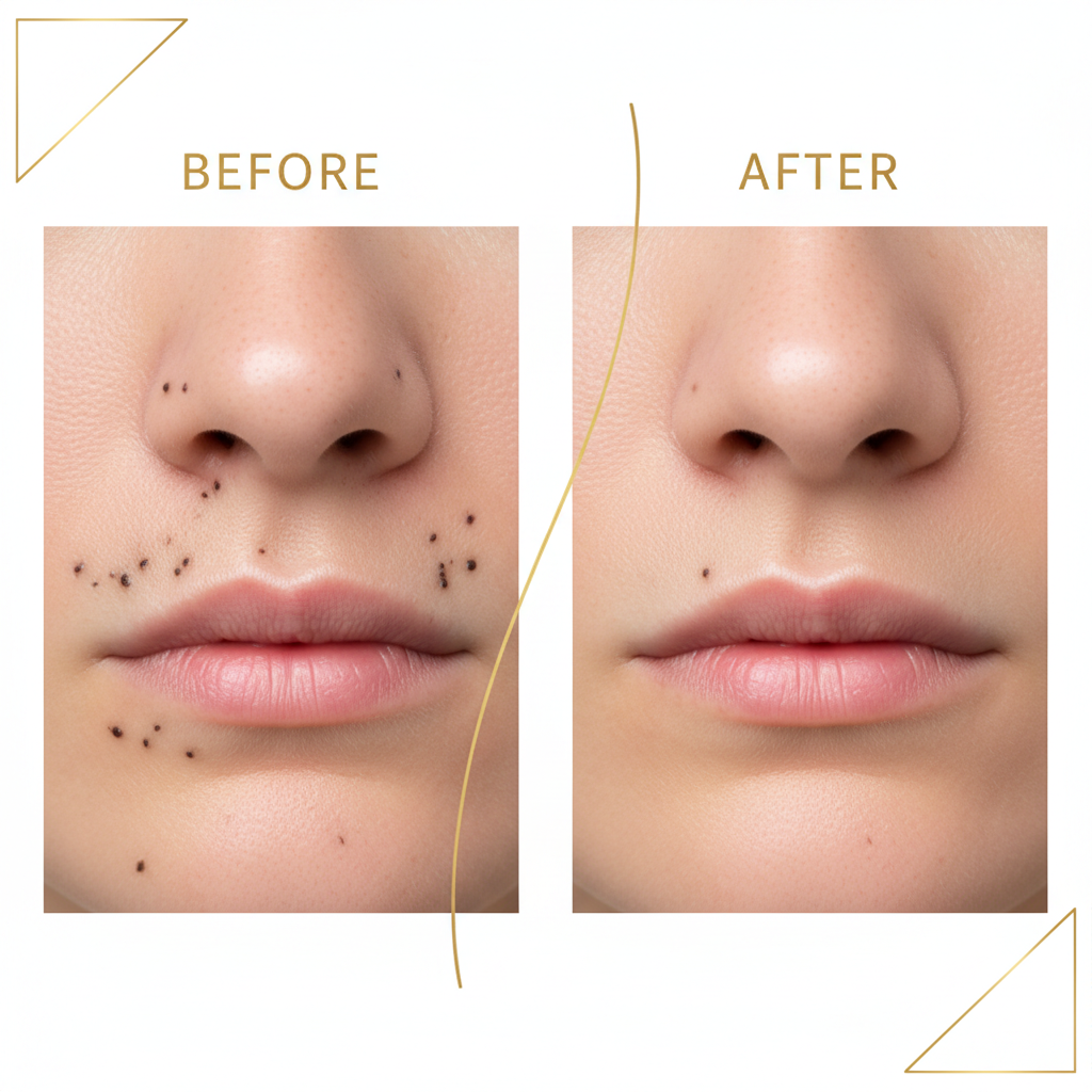 Before and after using Zynerae Blackhead Removal Tool showing clear smooth pores