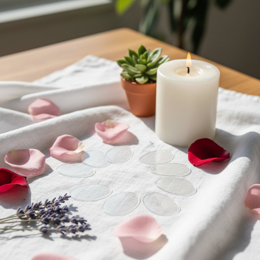 Zynerae Portable Body Care Patches close-up on white linen with rose petals and lavender