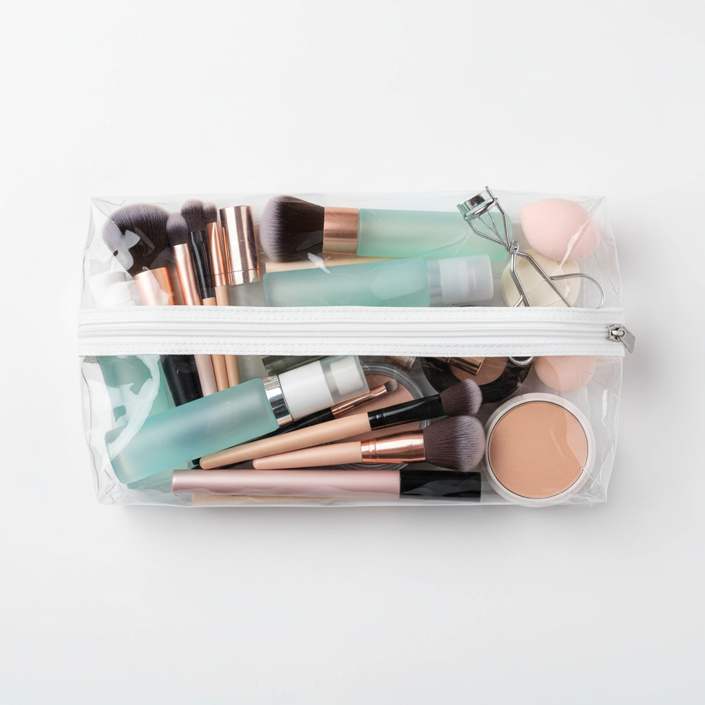 Zynerae Large Transparent Mesh Cosmetic Bag filled with beauty essentials
