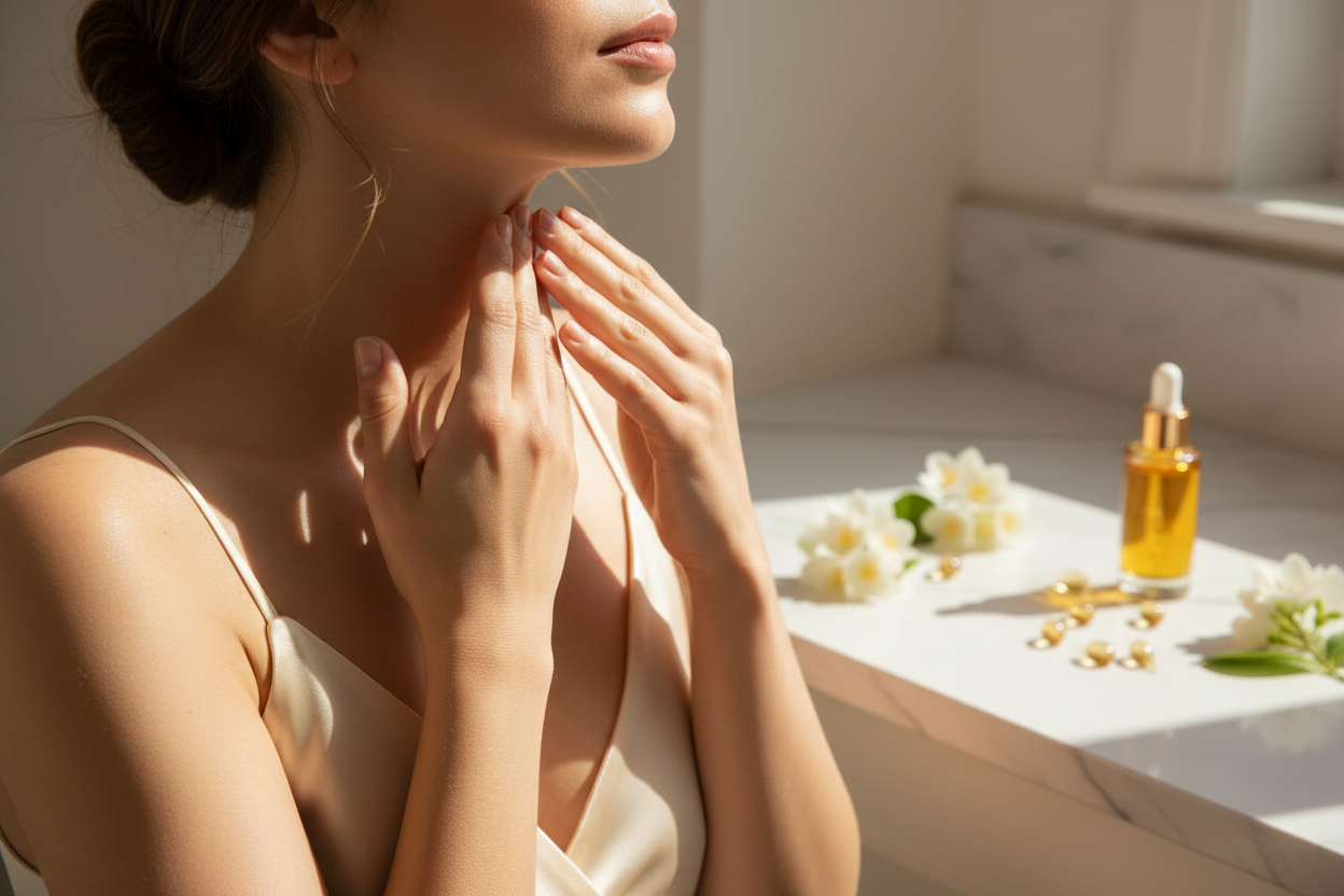 Massaging Vitamin E Supreme Care Essence into neck - Zynerae
