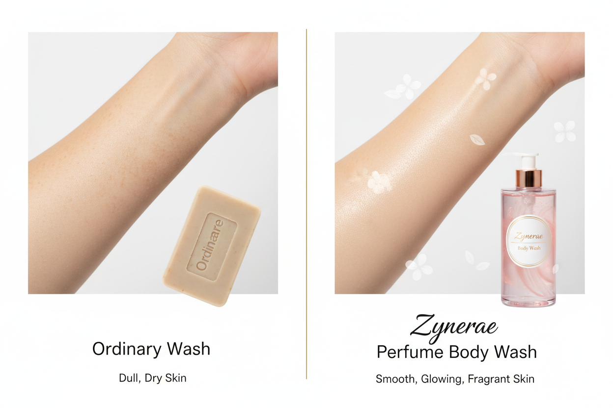Comparison of ordinary soap versus Zynerae perfume body wash results