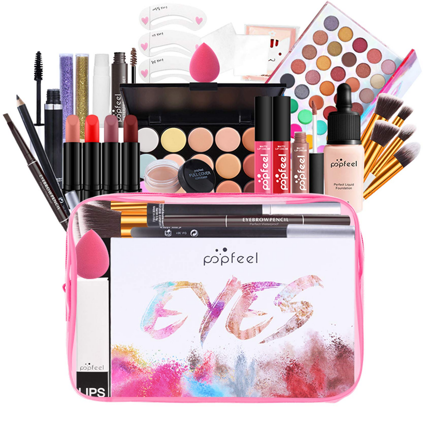 Full Makeup Set with Palette, Brushes & Lip Gloss.