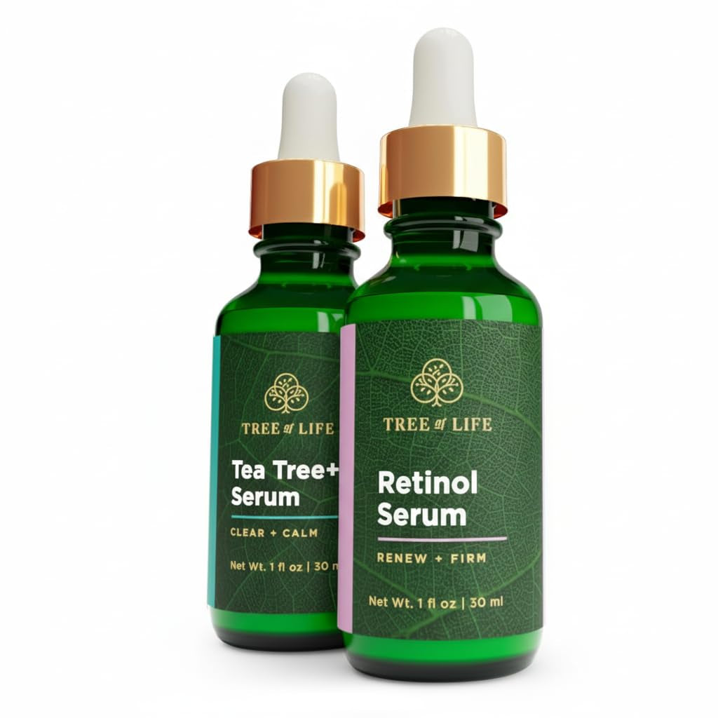 Retinol Serum & Tea Tree Serum for Face - Skin Care Duo Serums to Brightening Dark Spot, Smooth Dry & Sensitive Skins - Suitable for Anti-Aging, Wrinkle, & Acne - Dermatologist Tested