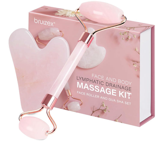 Rose Quartz Face Roller & Gua Sha Set — Lymphatic Drainage & Facial Massage