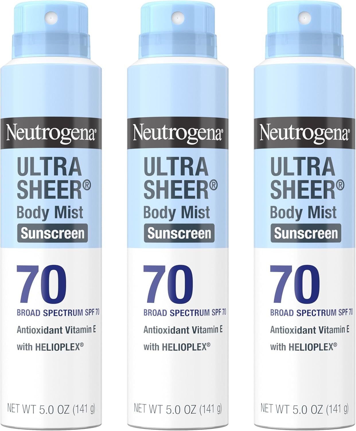 Ultra Sheer Body Mist Sunscreen Spray Broad Spectrum SPF 70, Lightweight, Non-Greasy & Water Resistant, Oil-Free & Non-Comedogenic UVA/UVB Sunscreen Mist, 5 Oz (Pack of 3)