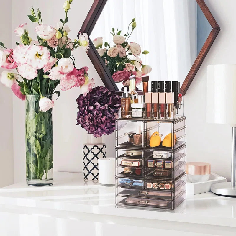 12 Drawer 4-Piece Makeup and Jewelry Organizer Case and Top Shelf