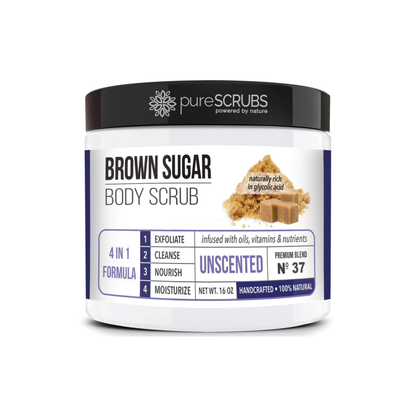 Brown Sugar Body Scrub 16oz — Unscented Exfoliating Scrub with Loofah and Soap.