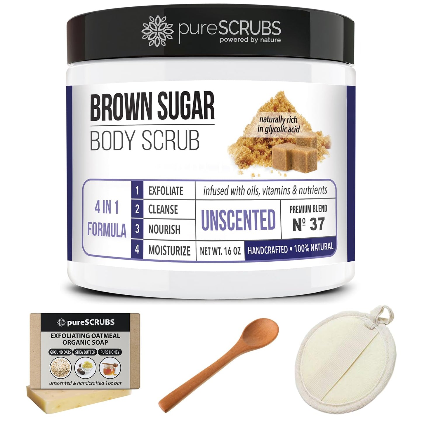 Brown Sugar Body Scrub 16oz — Unscented Exfoliating Scrub with Loofah & Soap