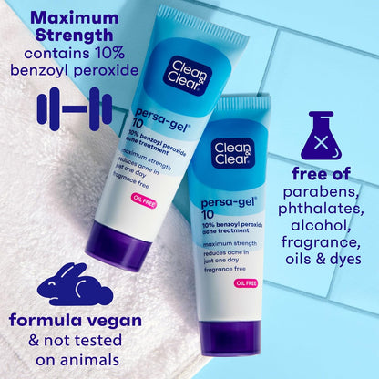 Persa-Gel 10 Oil-Free Acne Spot Treatment with Maximum Strength 10% Benzoyl Peroxide, Topical Pimple Cream & Gel Medication for Face, Fragrance-Free, 1 Fl. Oz, 1 Pack