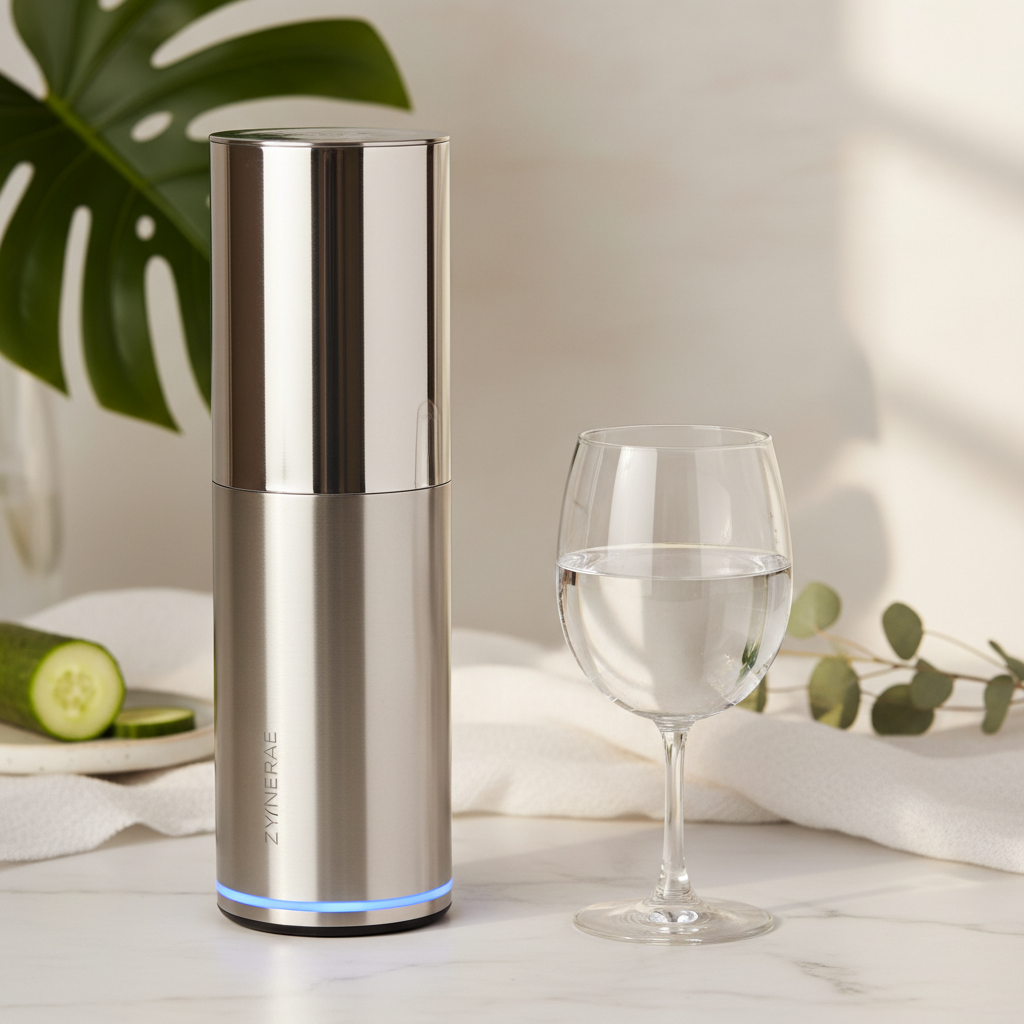 Zynerae Hydrogen Water Generator cup upright with glass of water and botanicals