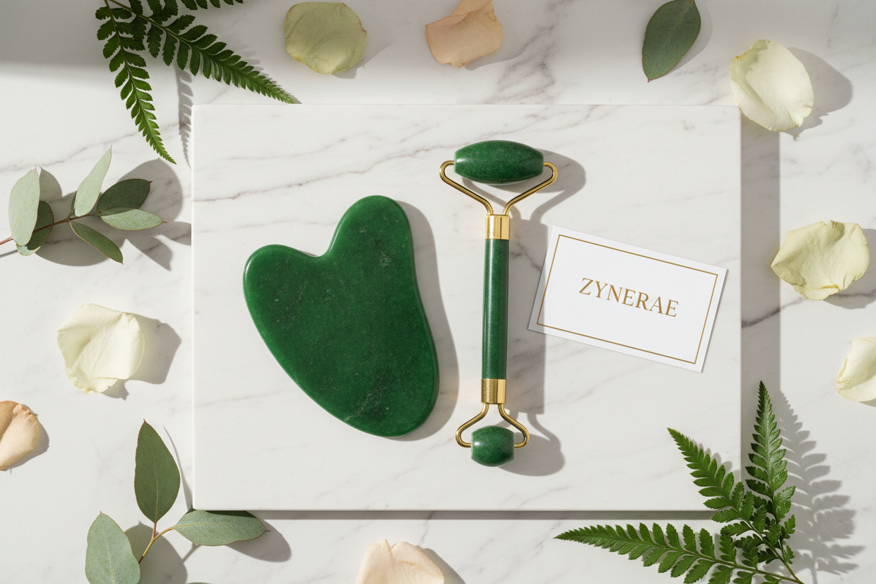 Jade Gua Sha Scraping Board & Eye Beauty Bar Set - Natural Face Massager by Zynerae