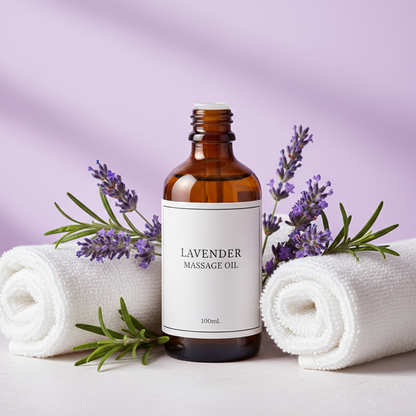 Lavender Massage Oil – amber glass bottle with lavender sprigs and rosemary on a white spa background