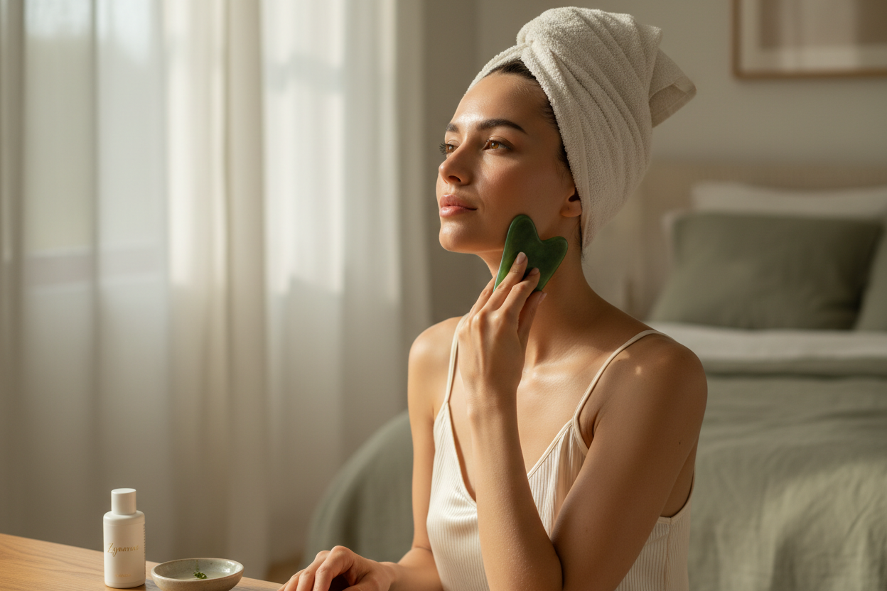 Using jade gua sha board along neck and jawline - Zynerae