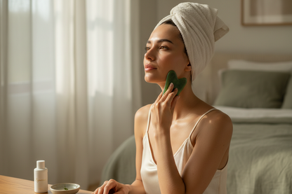 Using jade gua sha board along neck and jawline - Zynerae