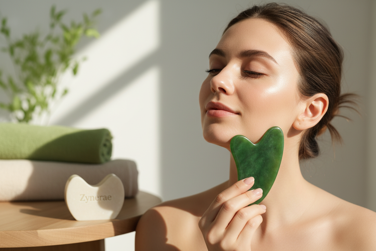 Using jade gua sha scraping board along jawline - Zynerae