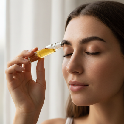 Applying Zynerae Organic Castor Oil Roll-On to eyebrow with precision rollerball