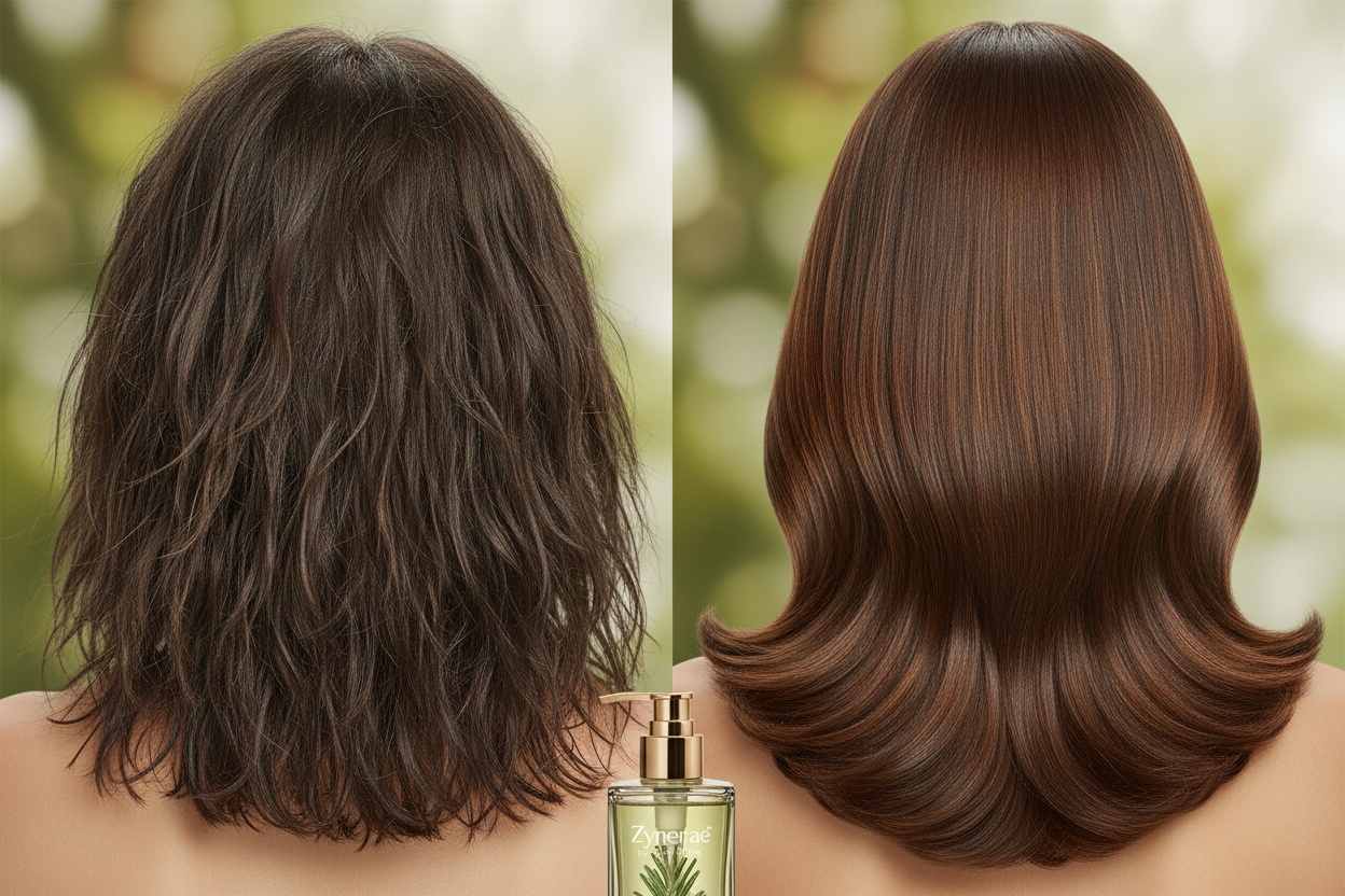 Hair before and after using Rosemary Hair Growth Shampoo - Zynerae
