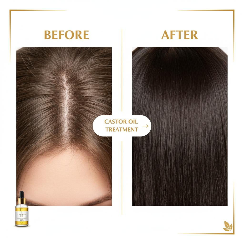 Before and after using Zynerae Black Castor Oil showing hair growth and thickness improvement