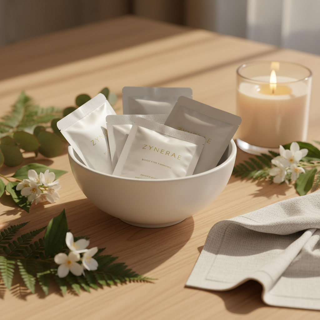 Zynerae 10PC Thigh Wraps in ceramic dish on spa surface with botanicals