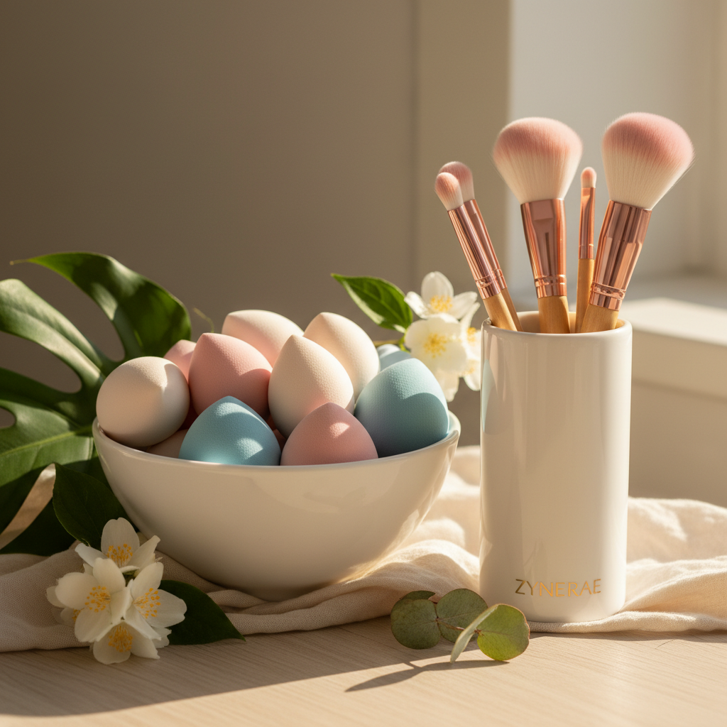 Zynerae Makeup Sponges and Brushes in ceramic bowl on vanity with botanicals