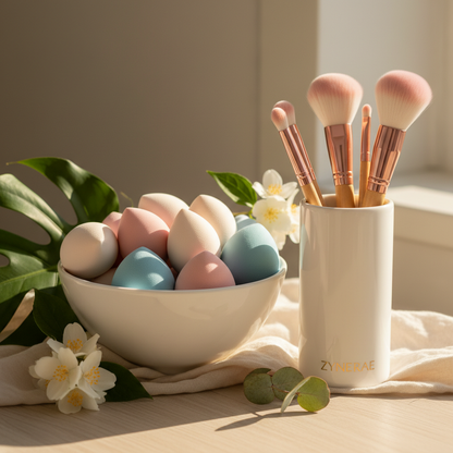Zynerae Makeup Sponges and Brushes in ceramic bowl on vanity with botanicals