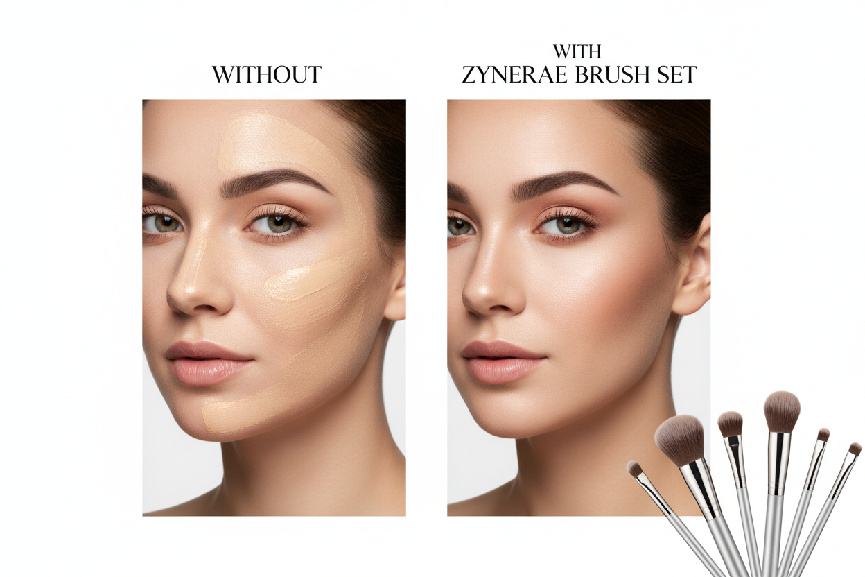 Before and after makeup application comparison with Zynerae brush set