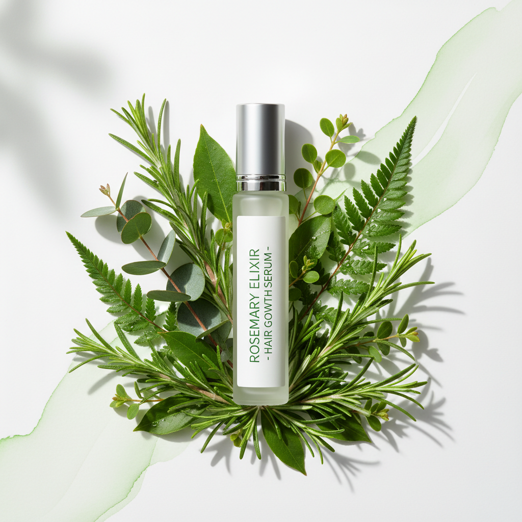 Rosemary Hair Growth Roller Serum with fresh rosemary botanicals on a clean white background