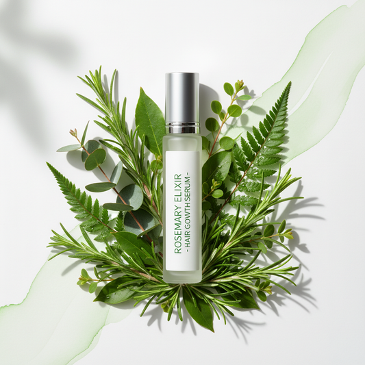 Rosemary Hair Growth Roller Serum with fresh rosemary botanicals on a clean white background