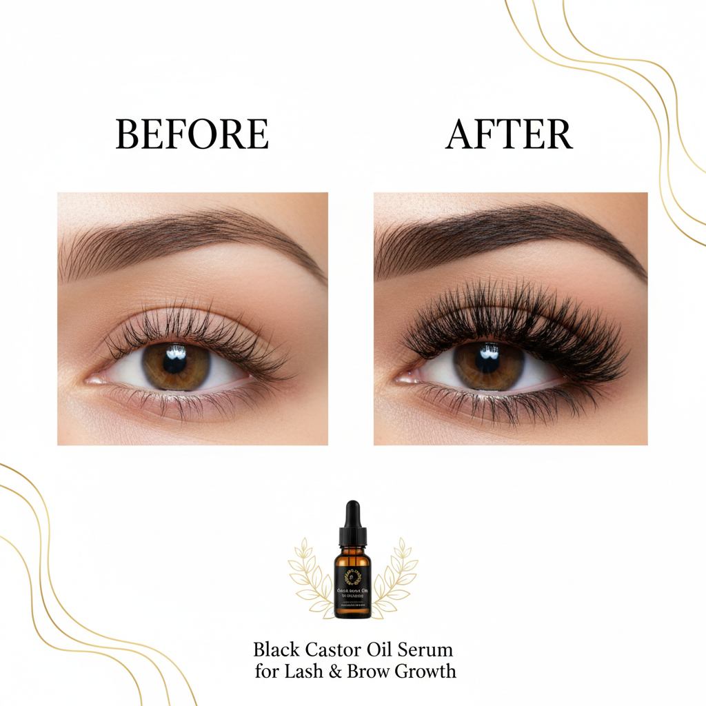 Before and after using Zynerae Black Castor Oil Serum showing thicker fuller lashes and brows