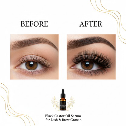 Before and after using Zynerae Black Castor Oil Serum showing thicker fuller lashes and brows