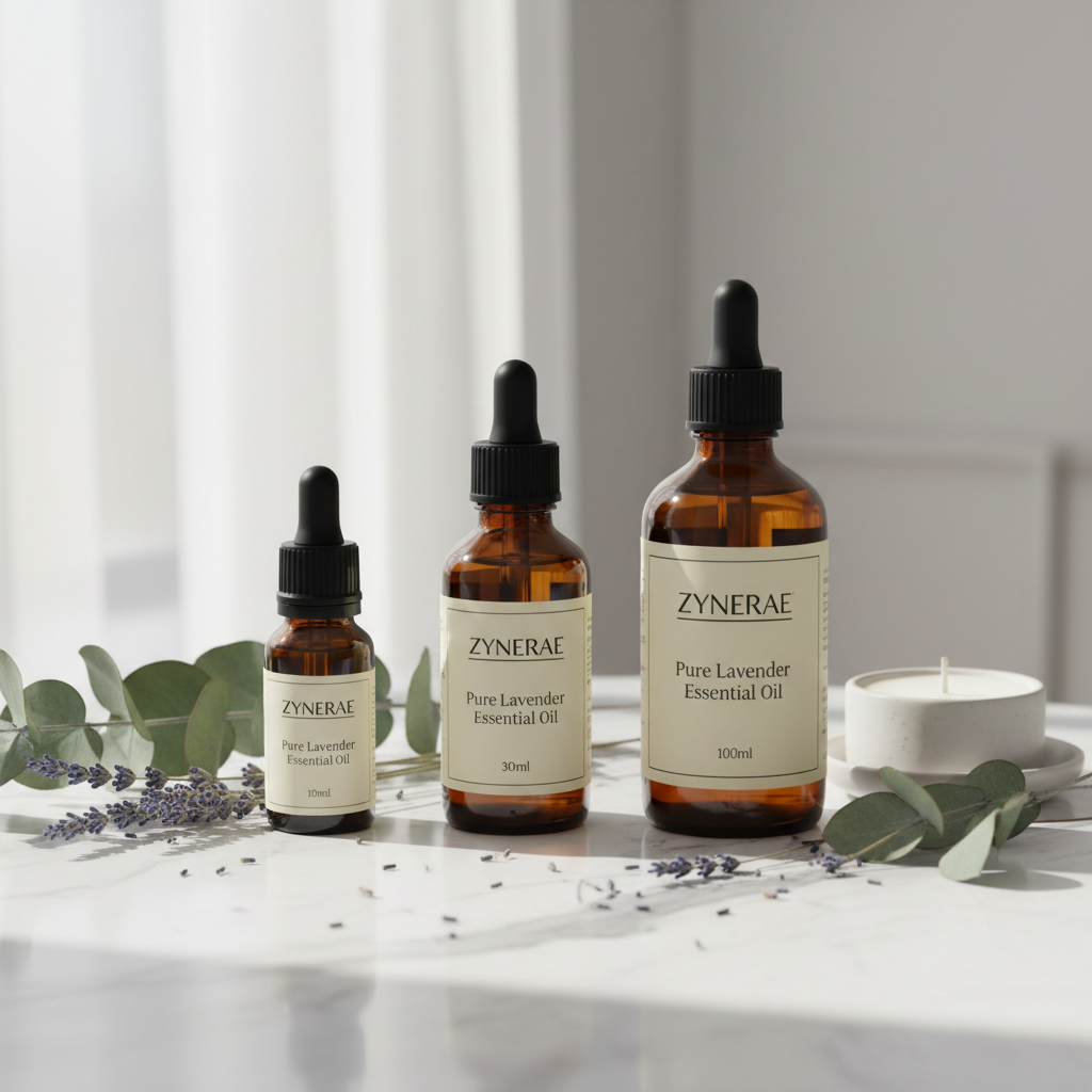 Zynerae Pure Lavender Essential Oil three sizes 10ml 30ml 100ml on white marble with dried lavender flowers