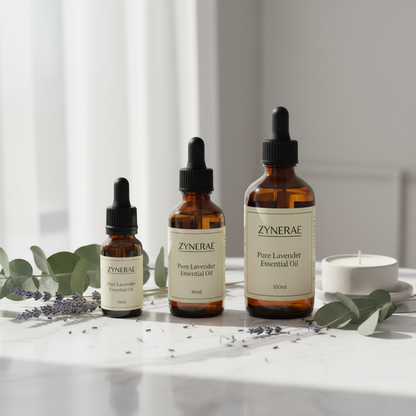 Zynerae Pure Lavender Essential Oil three sizes 10ml 30ml 100ml on white marble with dried lavender flowers