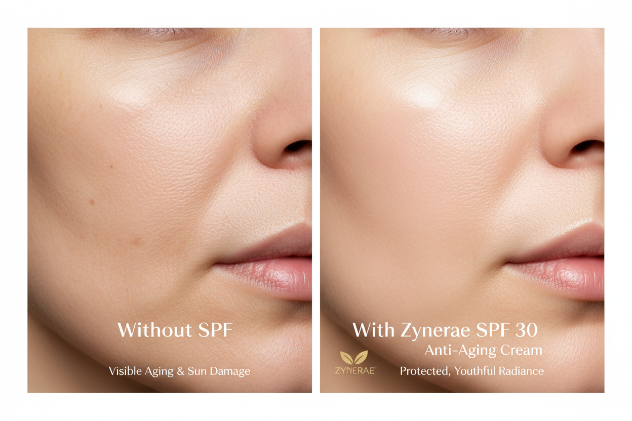 Before and after skin comparison showing benefits of SPF 30 daily face cream