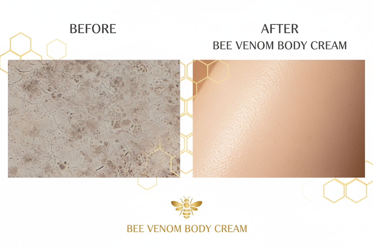 Before and after skin hydration comparison with Zynerae bee venom body cream