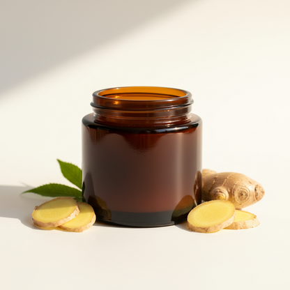 Zynerae Jamaican Black Castor Oil hero product shot with ginger root on bright white background
