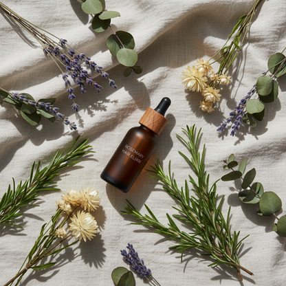 Rosemary Hair Oil flat lay with botanicals