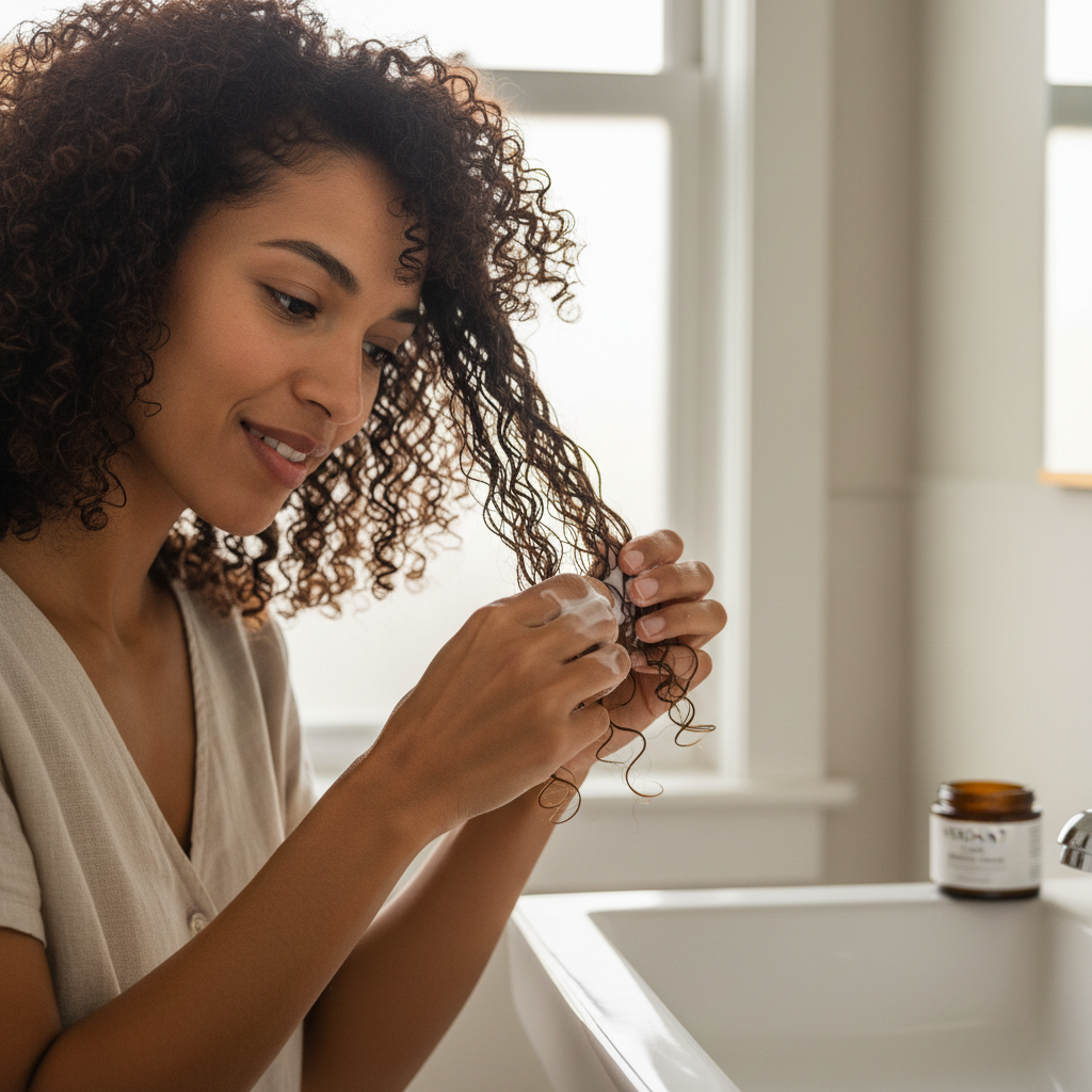 Woman applying Zynerae Black Castor Oil Curl Styling Cream through natural curly hair
