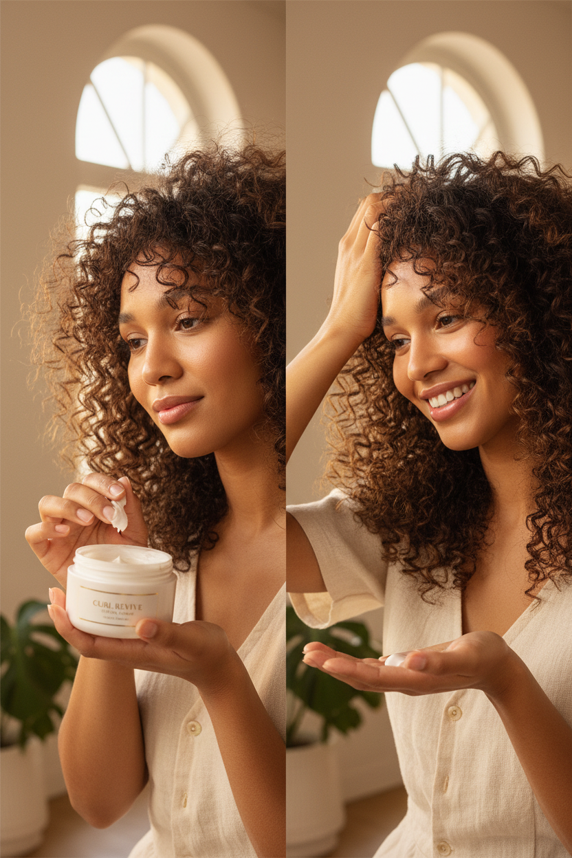 Woman applying Zynerae Curly Hair Styling Cream showing defined curls