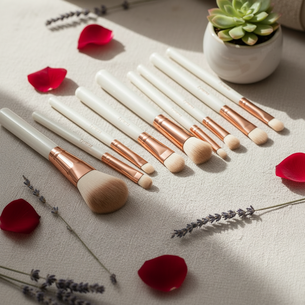 Zynerae 10-Piece Makeup Brush Set close-up on white linen with rose petals and lavender