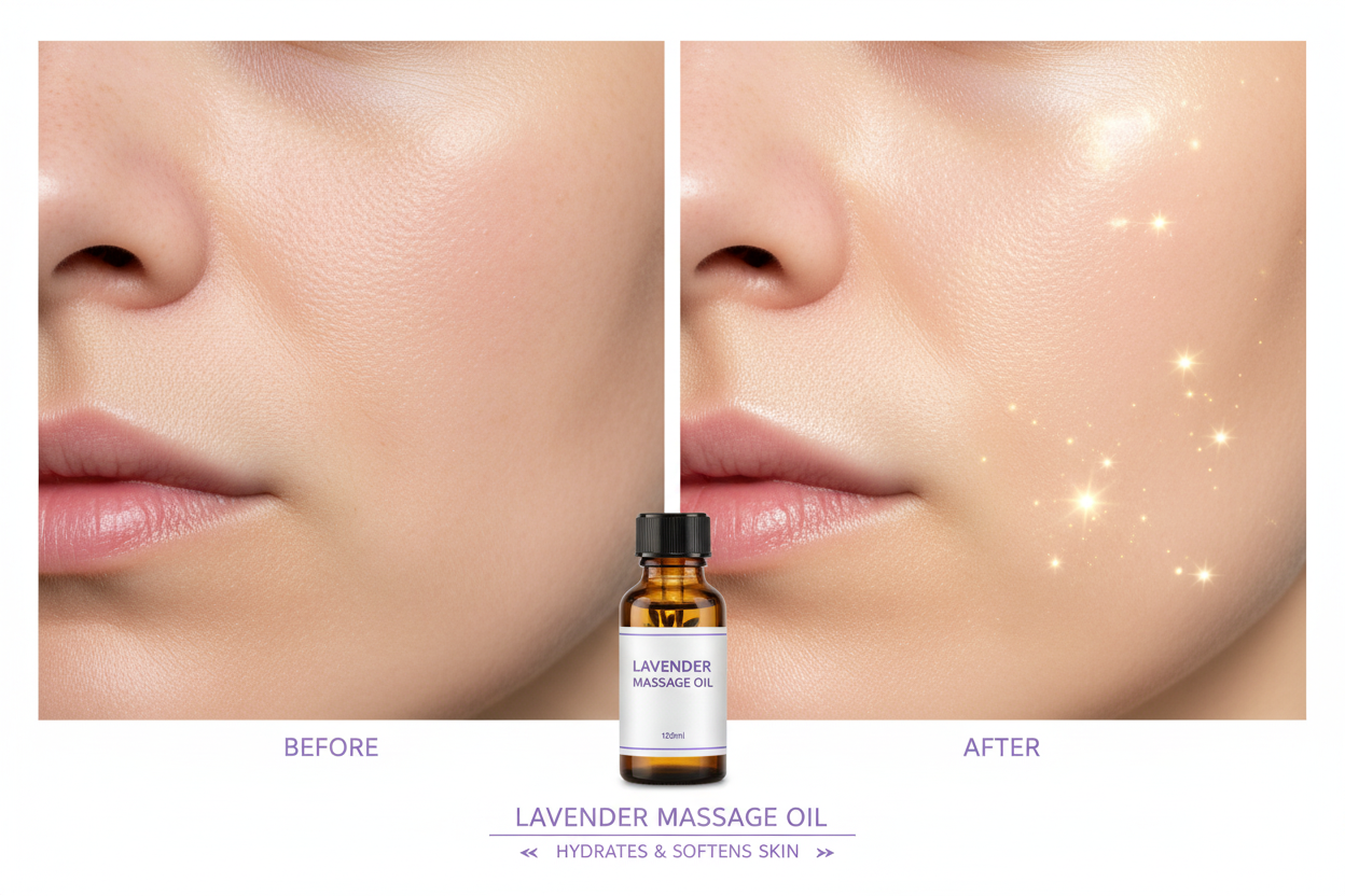 Before and after skin comparison showing results of lavender massage oil