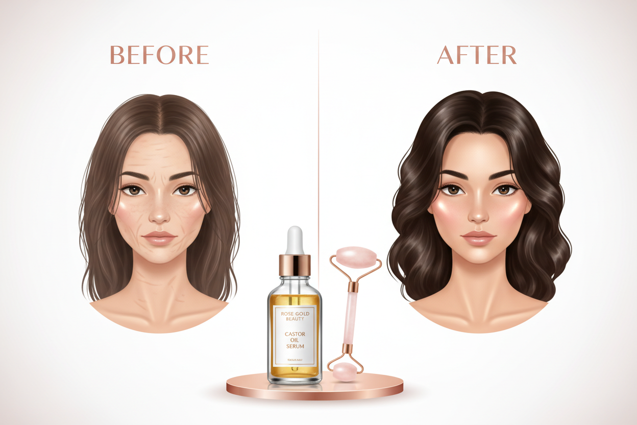 Before and after comparison showing thicker hair and glowing skin after using Castor Oil Serum with Rose Quartz Roller